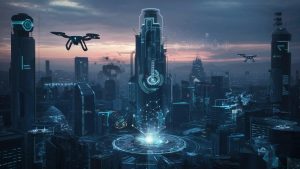 A futuristic cityscape at dusk, filled with glowing neon lights and advanced AI technology. Prominent features include towering skyscrapers with digital interfaces, autonomous drones flying overhead, and a central hub with interconnected neural networks. In the background, a subtle hint of chaos such as malfunctioning robots and glitching holograms, emphasizing the urgency of AI safety