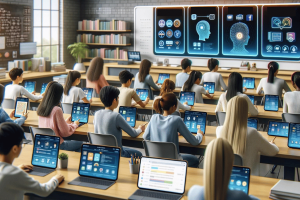 AI tutor apps from China are reshaping U.S. study habits. A modern classroom setting where students are using AI tutor apps from China, illustrating how these tools are reshaping their study habits. The scene captures students of diverse ethnicities engaging with the advanced, personalized features of these apps on their devices.