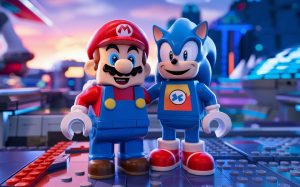 A stunning 3D render of Mario and Sonic as Lego characters, standing together in a vibrant, digital environment. Mario is wearing his iconic red cap, overalls, and plumber's shirt, while Sonic sports his classic blue shirt with white logo, red gloves, and white shoes. The two characters are smiling and standing on a platform with a Lego-brick texture, with a dynamic background showcasing a futuristic cityscape and a digital sunset