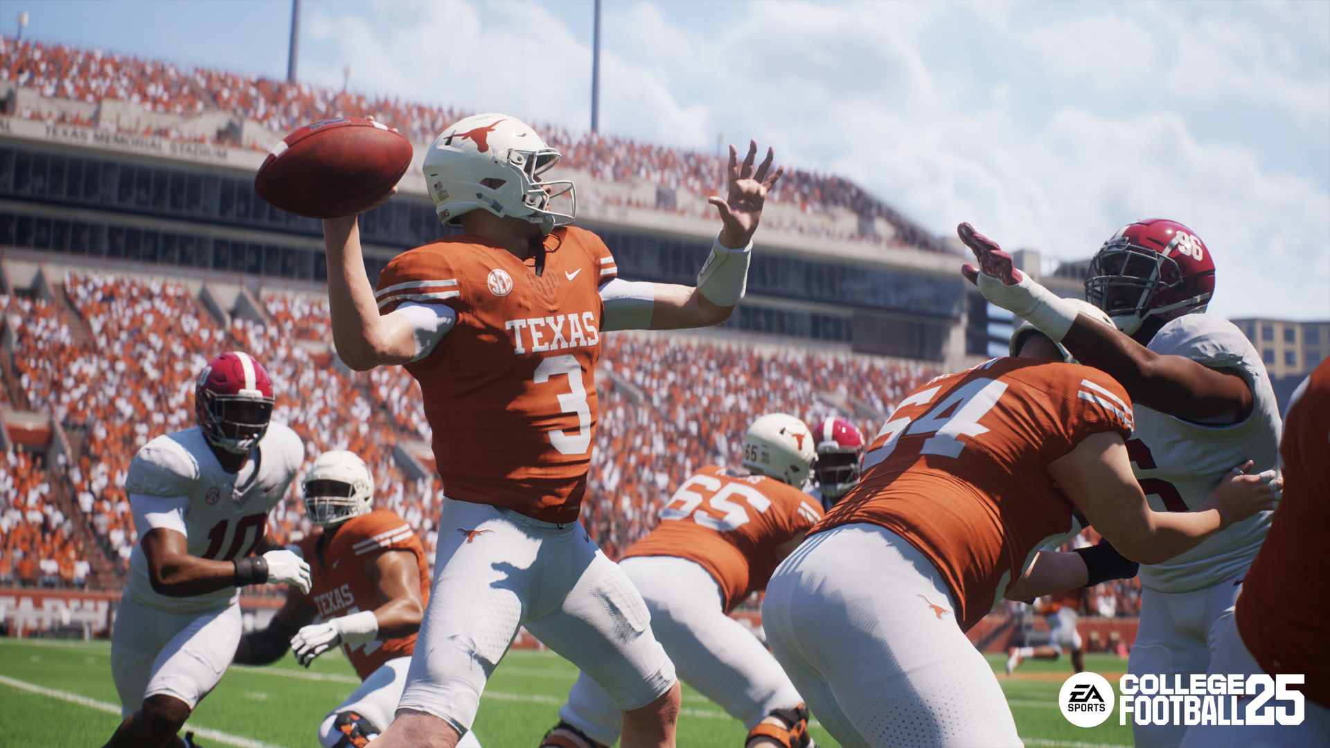 Texas quarterback Quinn Ewers draws back to pass in a game against Alabama at Joe Jamail Field at Darryl K Royal Stadium in Austin Texas in EA Sports College Football 25
