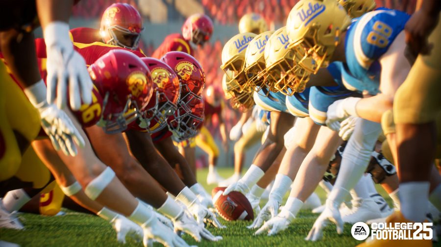 The defensive line of Southern California readies against the offensive line of UCLA at the Rose Bowl in EA Sports College Football 25