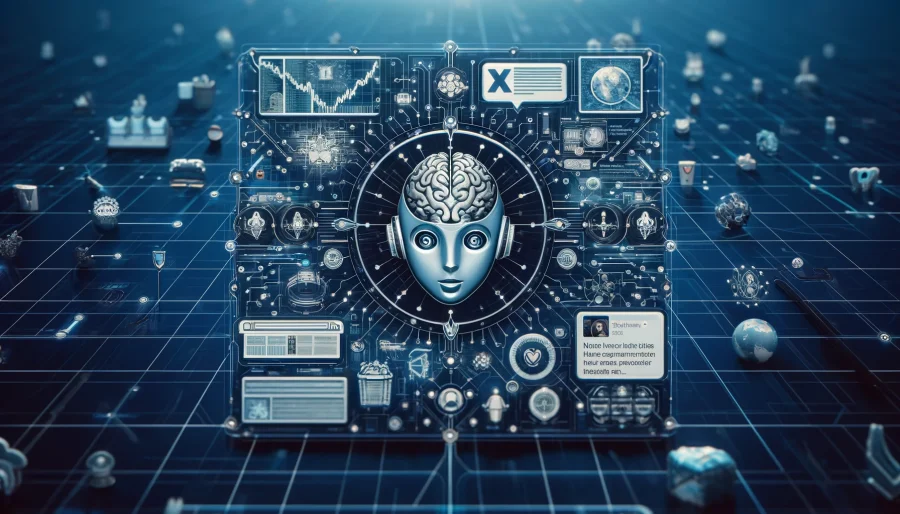 An illustration depicting the integration of AI with news on the X platform, featuring a digital interface with a blend of news headlines and social media posts. In the background, circuit patterns and neural networks symbolize advanced AI technology. At the center, an AI brain or chatbot symbol, named Grok, processes and synthesizes this information. The color scheme combines traditional blue associated with X and futuristic silver tones, with icons suggesting real-time updates and user interactions.