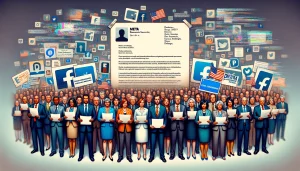 A digital illustration depicting a diverse group of Democratic secretaries of state standing together, holding a large letter addressed to Meta. The letter, centered in the composition, symbolizes their unified demand to address election misinformation. The background features faded images of Facebook and other social media icons, enveloped in digital noise and static, representing the chaos of misinformation. The color palette and composition convey a serious tone and a collective call for action.