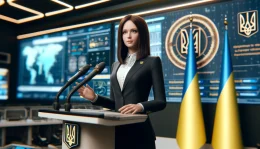 Victoria Shi, an AI-generated spokesperson for Ukraine's foreign ministry, stands behind a podium with the Ukrainian national emblem. She is depicted as a realistic digital human, dressed in a professional dark suit, gesturing naturally as if addressing an audience. The setting is a modern, digitally enhanced press room. Elements of technology and Ukrainian cultural symbols are subtly incorporated in the background. A digital screen displays the Ukrainian flag and the text of her speech, along with a QR code for authenticity verification.