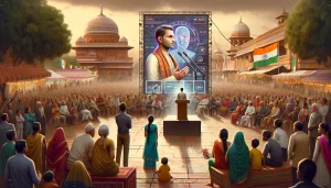 A vibrant digital campaign rally in an Indian town square, featuring an AI-generated avatar of a deceased politician addressing a diverse crowd. The scene shows the avatar, dressed in traditional Indian attire, speaking from a large digital screen. In the foreground, a captivated audience of families, young adults, and elders watches and reacts. The background subtly blends advanced technology with cultural motifs, illustrating the fusion of tradition and modernity in a new political era.