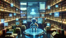 A digital illustration of ChatGPT as a futuristic librarian in a vast digital library. The friendly robot is interacting with a holographic interface, where search results and web pages float in mid-air. The library is filled with glowing books and various screens displaying text, images, and diagrams. The background subtly incorporates OpenAI's branding with their logo or color scheme, enhancing the futuristic and informative atmosphere.