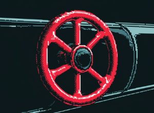 A red valve handwheel on a black background in a pixel art style