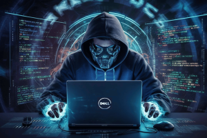 Dell warns customers about massive data breach of '49M records'. An image of a figure wearing a hooded sweatshirt, seated at a laptop with a visible Dell logo. The figure's face is obscured by a digital mask that resembles a skull, adding an eerie, futuristic vibe. The background and surroundings are filled with dynamic, swirling digital data and holographic interfaces, suggesting high-tech hacking or cybersecurity activities. The imagery conveys a sense of mystery and advanced technology.