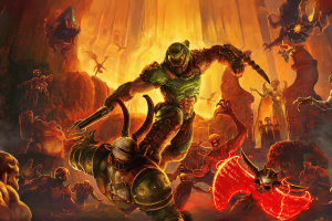Doom: The Dark Ages could be announced at June Xbox Showcase - what we know so far. An epic scene from a video game featuring the central character, the Doom Slayer, in an action-packed battle against various demonic creatures. In the background, a fiery hellscape sets the scene, dominated by orange and red hues. Prominent figures include a towering demon and a commanding figure with multiple arms, suggesting a climactic moment in the game. The art style is detailed and dynamic, emphasizing the intense and chaotic nature of the game's universe.