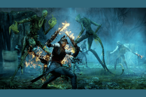 Dragon Age Inquisition GOTY edition is Epic Games Store's free mystery game. An action-packed scene from a fantasy video game showing a character fighting skeletal creatures with a flaming weapon in a misty, forest-like environment. The setting is eerie with twisted trees and fog, enhancing the intense combat atmosphere.