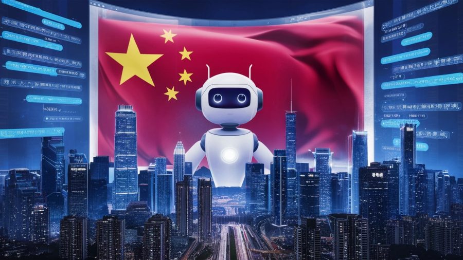 A Chinese city in the near future on large screens are seen a chatbot in front of a chinese flag., 3d render, cinematic