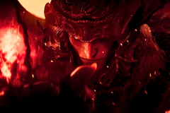 Elden Ring: Shadow of the Erdtree trailer shows fiery rampage. This image shows a fiery and dramatic scene, likely from a cinematic moment in a video game or film. The main focus is on a character wearing a detailed, ornate mask, looking downwards with an intense and menacing expression. The character is bathed in a deep red glow, emphasizing a sense of danger or evil. The background features flickering flames and glowing embers, adding to the overall ominous atmosphere. The lighting and details suggest a moment of high drama or confrontation.