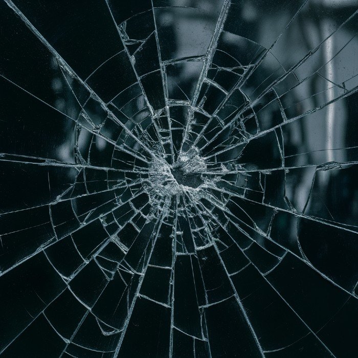 A smashed pane of shattered black glass