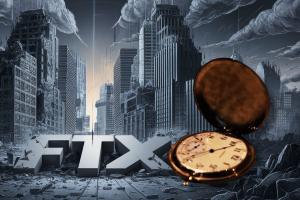 Ex-FTX Europe chief pays record $1.5M for Titanic gold watch. This image depicts a dramatic and dystopian cityscape with large, dark clouds swirling above damaged and abandoned skyscrapers. Prominently in the foreground, the letters "FTX" are shown collapsed and broken amidst the rubble on a city street, symbolizing the downfall of the cryptocurrency exchange. To the right, a large, open gold pocket watch hovers, drawing a connection between the historical significance of the Titanic and the contemporary events surrounding FTX. The overall tone of the image is dark and foreboding, suggesting a blend of historical tragedy and modern financial turmoil.