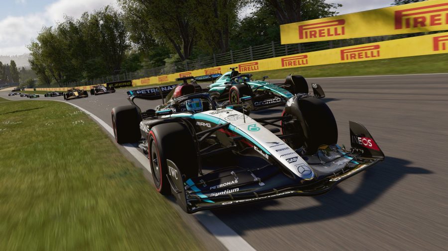 in-game shot of George Russell's No. 63 Mercedes at Autodromo Internazionale Enzo e Dino Ferrari in F1 24. The car is driving into the picture, slightly tilted, nosecone pointed to the lower right.