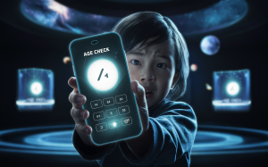 Young child holding up a phone with the screen saying 'Age Check.'