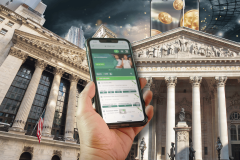 Flutter Entertainment shareholders approve New York relocation. A person's hand holding a smartphone in front of the New York Stock Exchange and London Stock exchange buildings. The smartphone screen displays a betting app interface with sports betting options and user interactions. Golden coins are raining down in the scene, symbolizing financial transactions or winnings. The classical architecture of the NYSE with its ornate columns and sculptures forms a dramatic backdrop, highlighting the intersection of traditional finance and modern digital betting.
