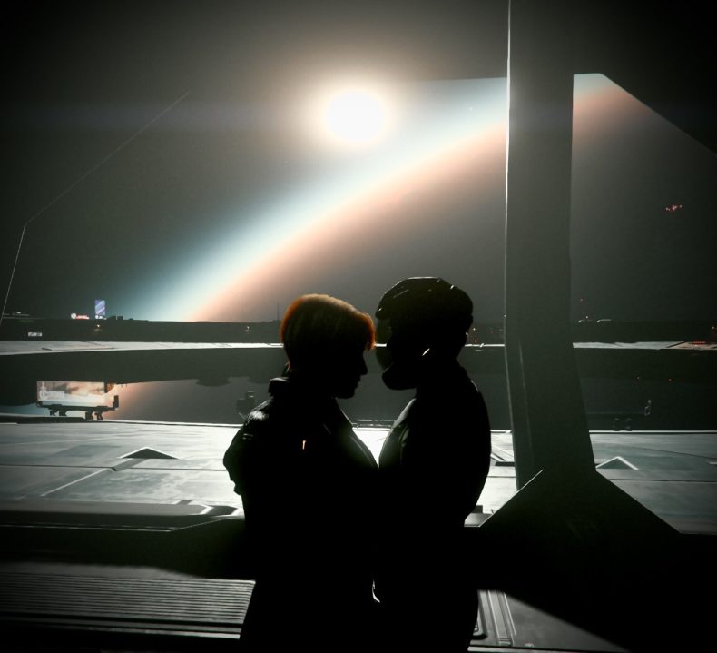 Star Citizen in game play, two characters hugging