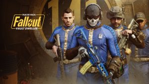 promotional card for the Fallout-Call of Duty crossover showing Call of Duty characters dressed in the blue/gold jumpsuits of Fallout Vault 141