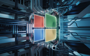 Uma representação futurística e abstrata do logotipo da Microsoft, integrada em uma rede complexa de intrincados circuitos de IA.  O logotipo é ilustrado com uma paleta de cores neon vibrantes e o fundo mostra um labirinto de cabos, fios e fluxos de dados.