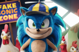 Google denies Sonic tribute riddled with errors was made by AI. A fake Sonic the Hedgehog stands with evil smile and blue and yellow hat with propeller with chickens in the background, and sign stating "Fake Sonic Zone" as well as Google Play store logo.