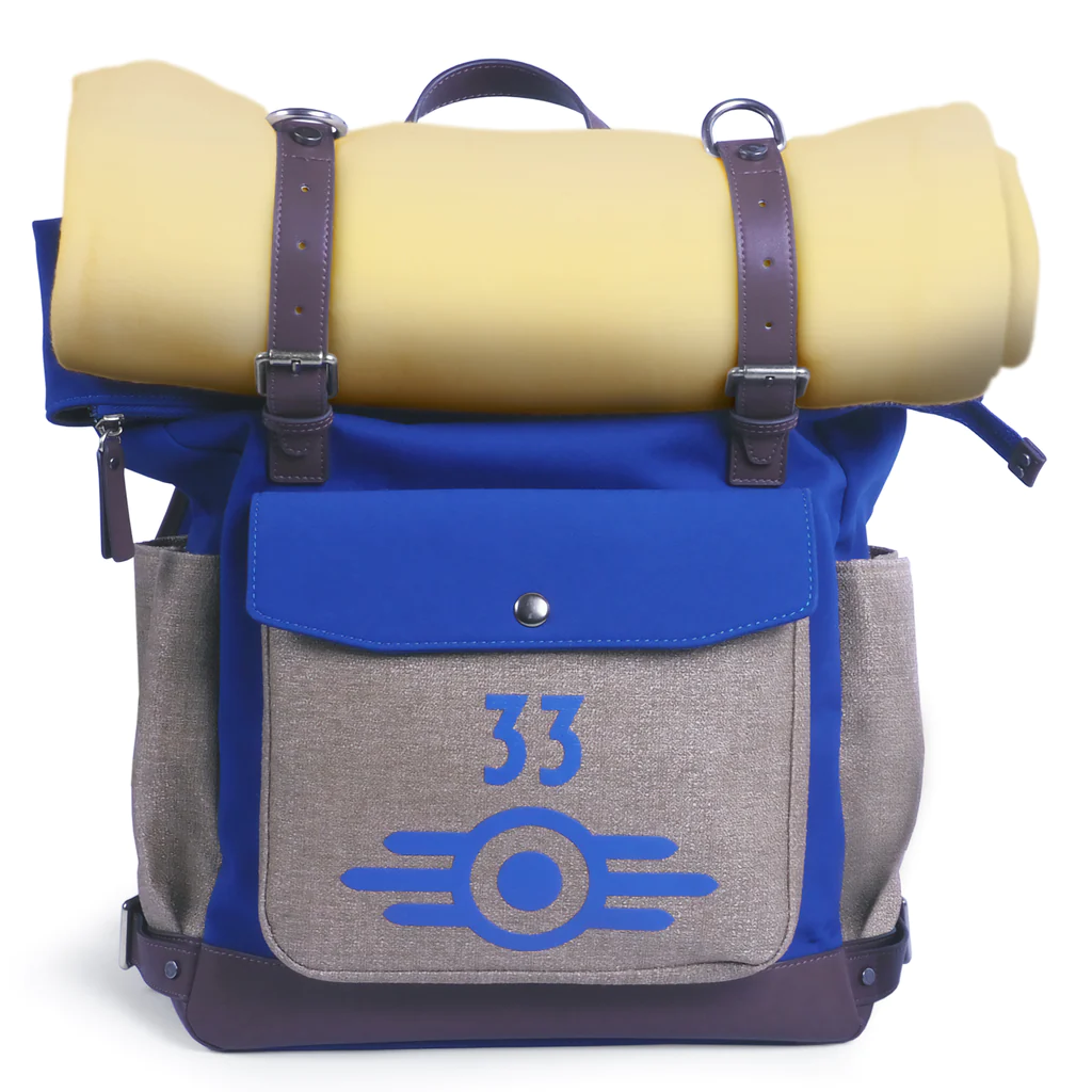promotional image showing the Fallout Vault 33 backpack and bedroll, made to resemble the kit worn by the character Lucy MacLean in Amazon TV's hit Fallout TV series