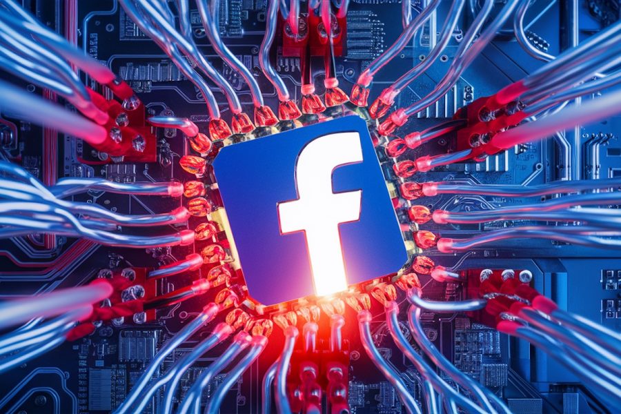 A 3D render of the Facebook logo integrated seamlessly into a complex motherboard