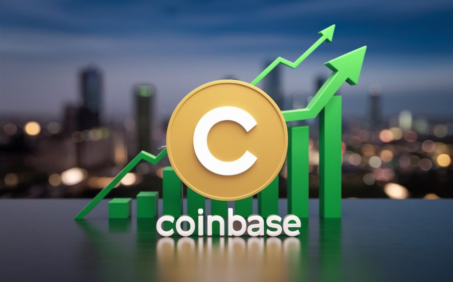 The Coinbase logo on a blurred city skyline background. Green charts indicating growth shoot up behind it, 3d render