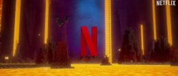 The iconic Netflix logo rendered in Minecraft form