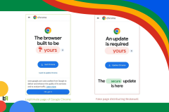 New 'Brokewell' malware threatens Android users' bank accounts. The image compares two browser screens, purportedly for Google Chrome updates. On the left is a legitimate update page featuring a clean design and a clear message, "The browser built to be yours," along with a "Get Chrome" button and a notice about Google's use of cookies. On the right is a fake update page, part of the Brokewell malware scheme, which mimics the legitimate page’s design but includes subtle differences. The text "An update is required yours" appears unprofessionally phrased, and the button reads "Update Chrome." A misleading assurance, "The secure update is here," attempts to instill a false sense of security. The image illustrates the difficulty in distinguishing between legitimate and fraudulent online content.