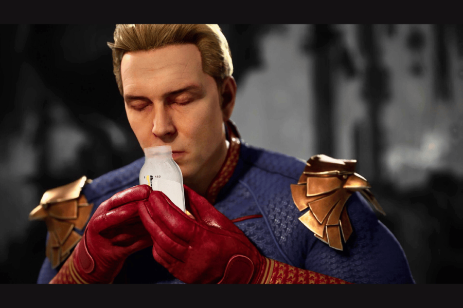 New Mortal Kombat 1 trailer features DLC character Homelander in action. A digital rendering of Homelander, a character from "The Boys," depicted in a video game setting. He is dressed in his signature red and blue superhero costume with golden shoulder pads, holding and intently sniffing a small carton of milk. His expression is serene, eyes closed, highlighting his peculiar obsession with breast milk. The background is dark and blurred, emphasizing his figure in the foreground.
