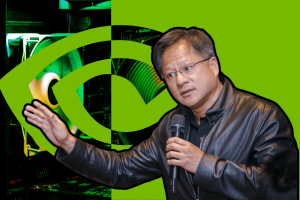 Nvidia CEO Jensen Huang's net worth is now over $90B. This image features Nvidia CEO Jensen Huang speaking, likely at an event, with a green Nvidia logo in the background overlaid on an image of Nvidia's hardware. Huang is gesturing with one hand as he speaks, and he's wearing a leather jacket. The green tones dominate the background, emphasizing the branding of Nvidia.