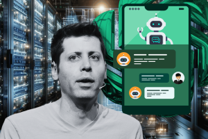 OpenAI CEO Sam Altman says future AI will surpass 'dumbest' GPT-4 model. A composite image featuring OpenAI's co-founder Sam Altman in front of a backdrop of a futuristic server room, symbolizing advanced AI technology. The right side of the image shows a graphic of a smartphone displaying a chatbot interface, with icons representing automation and digital communication, set against the OpenAI symbol in green.