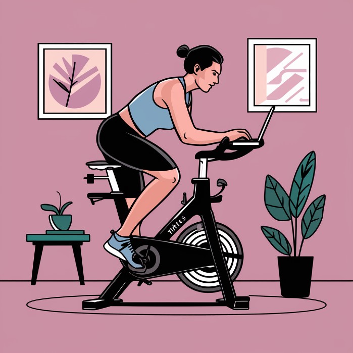 A person training on a fitness bike whilst home working on a laptop