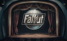 A striking 3D render of the iconic Fallout logo hovering above an empty theatre stage, set within the confines of a Vault from the beloved video game series. The stage is adorned with vintage theater curtains, and the overall atmosphere is one of post-apocalyptic nostalgia. The vault's interior walls are visible, showcasing the retro-futuristic design, and there's a subtle glow from the eerie neon light fixtures., poster, 3d render