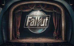 A striking 3D render of the iconic Fallout logo hovering above an empty theatre stage, set within the confines of a Vault from the beloved video game series. The stage is adorned with vintage theater curtains, and the overall atmosphere is one of post-apocalyptic nostalgia. The vault's interior walls are visible, showcasing the retro-futuristic design, and there's a subtle glow from the eerie neon light fixtures., poster, 3d render