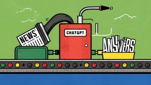 A conveyor belt shows news going into a machine marked 'ChatGPT' and out the other end come answers, vibrant, illustration