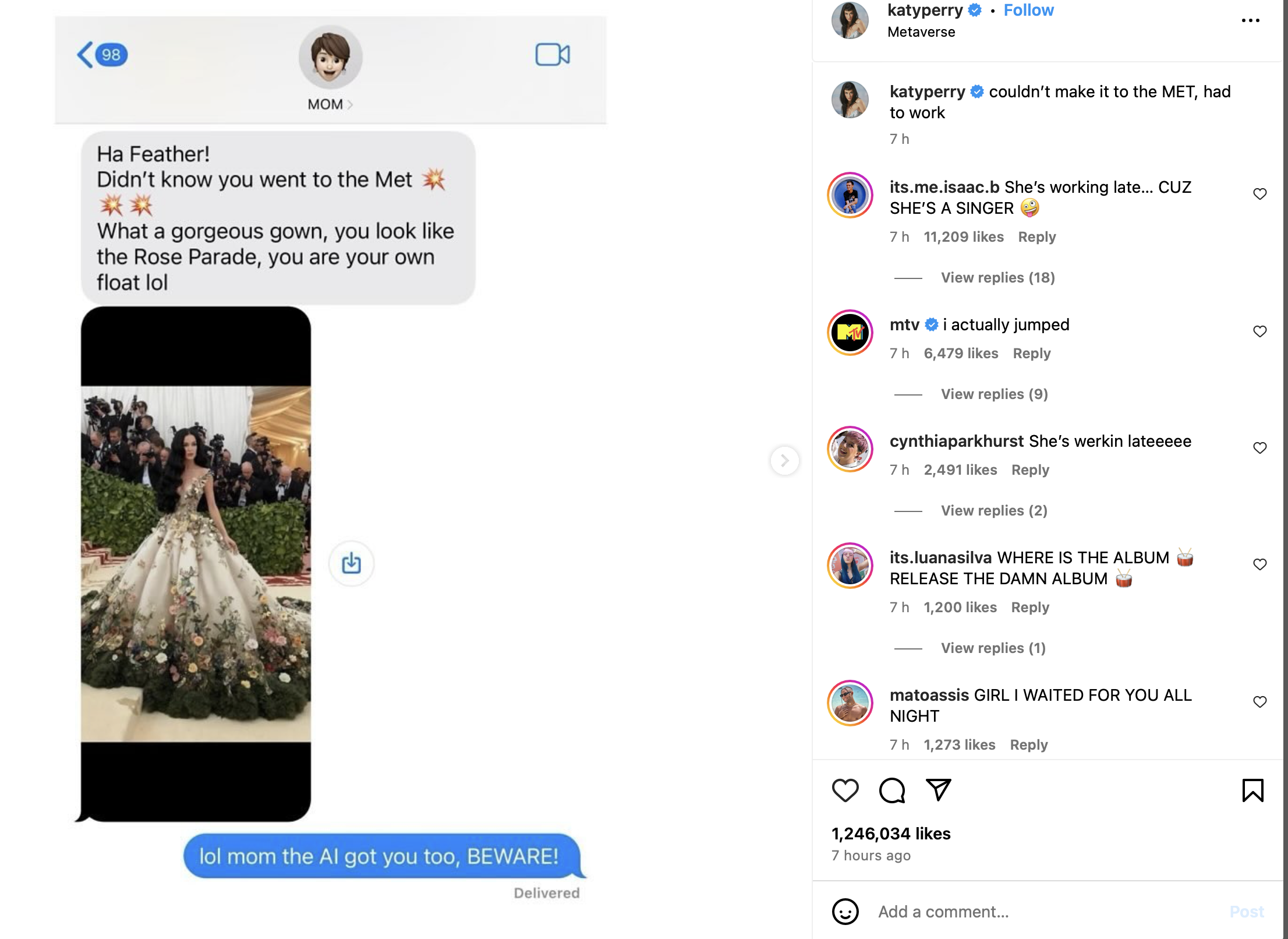 Katy Perry AI photos tricked her own mom, screenshot from her Instagram showing the text exchange