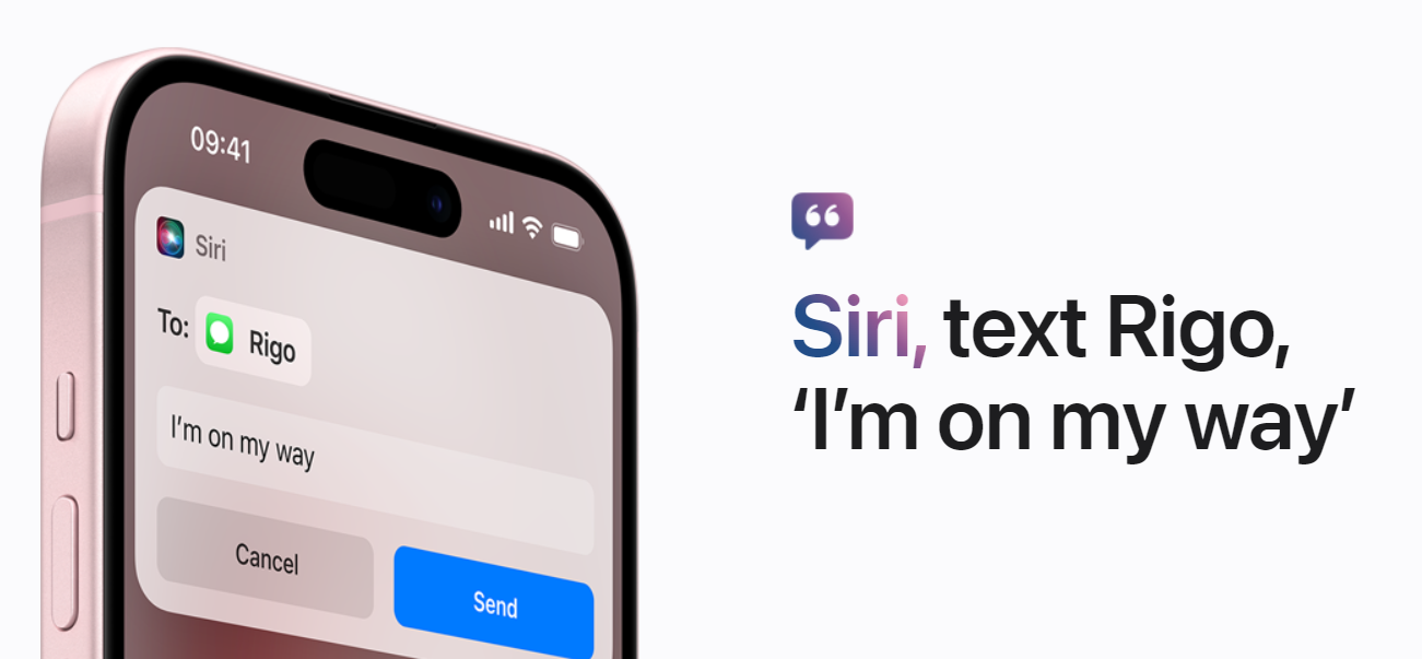 Tangkapan layar Apple Siri menunjukkan iPhone dengan teks "Siri, kirim SMS ke Rigo, 'Aku sedang dalam perjalanan'" saat kita melihat asisten virtual AI teratas