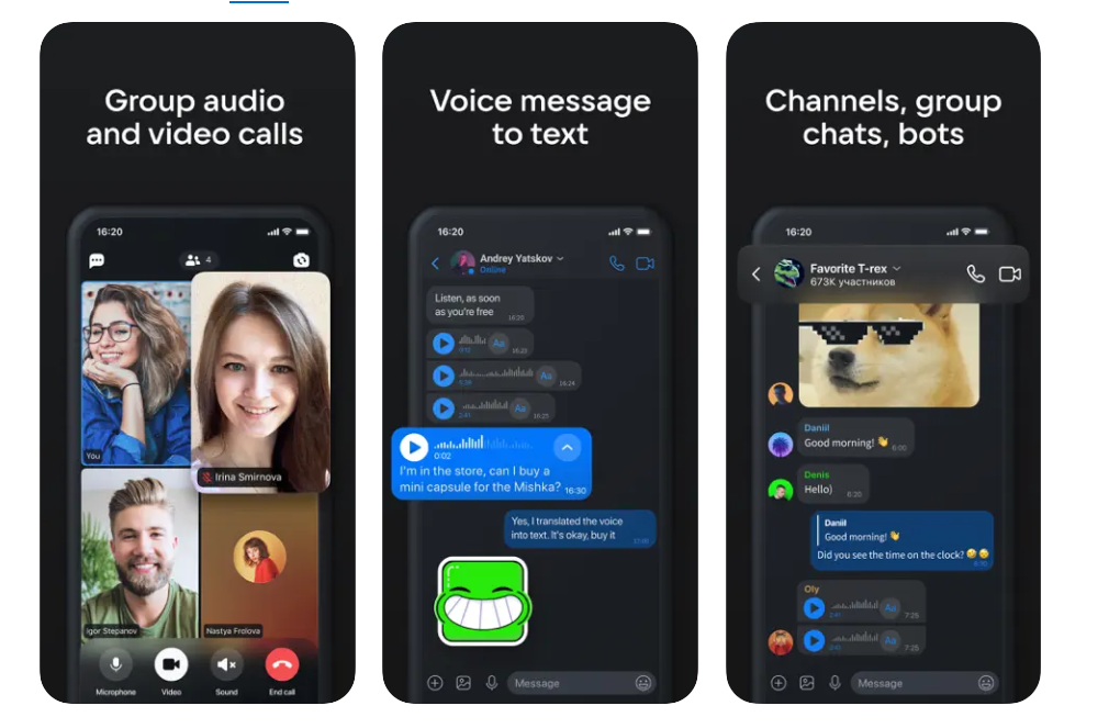 The image displays ICQ mobile app features, emphasizing its capability for group audio and video calls, voice messages, and channels with group chats and bots. The screenshots show various users interacting through these features, highlighting the app's versatility and modern communication tools.