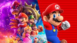 promotional image combining the animated cast of The Super Mario Bros. movie (including Mario, Princess Peach, Luigi, Donkey Kong, Bowser and other longtime characters) with an image of Super Mario Run