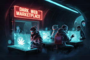 Suspect arrested in $100M Incognito Market dark web drugs operation. The image depicts a scene of a dark web marketplace. The setting appears to be a dimly lit, underground room with neon lights. The sign above the entrance reads 