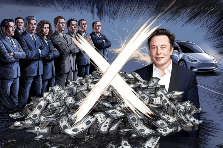 Tesla shareholders challenge Elon Musk's $46bn compensation plan. This image depicts Elon Musk standing with a large pile of money, with a crossed-out X symbol above it. In the background, a group of serious-looking businessmen and a Tesla car are visible, emphasizing the tension surrounding Musk's substantial compensation package and the scrutiny from Tesla shareholders.