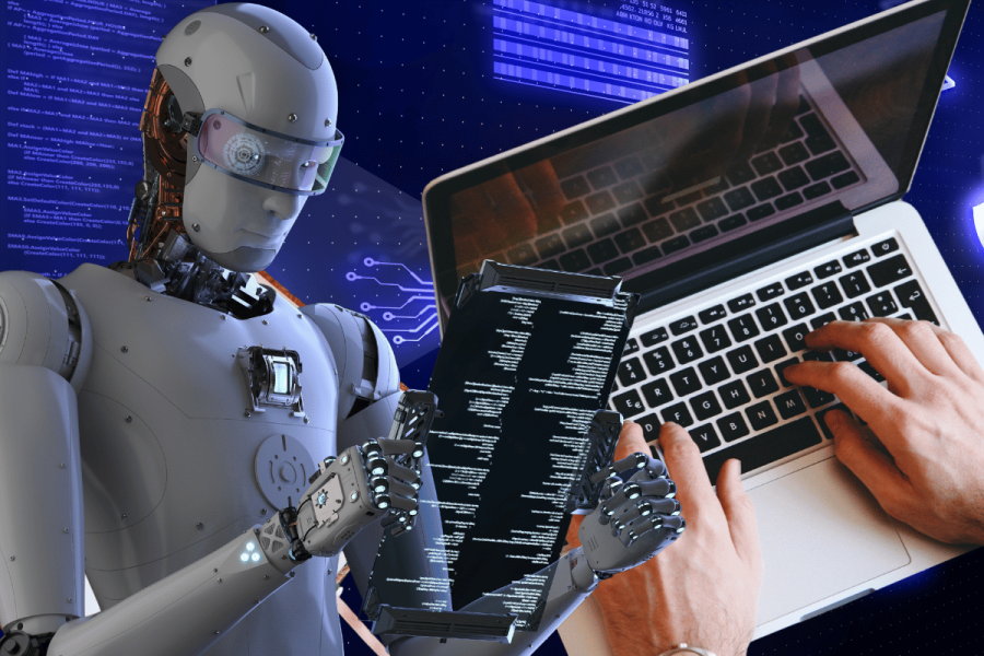 The best four free AI writing apps you should try. This image depicts a futuristic scene where a humanoid robot with a sleek, metallic design is programming on two laptops simultaneously. The robot is equipped with visual sensors on its head, resembling high-tech goggles, and is using its articulated robotic hands to type and interact with the screens. The backdrop features a digital, circuit-like pattern, enhancing the technological theme of the image. This setting conveys the integration of advanced robotics and artificial intelligence in performing complex tasks.