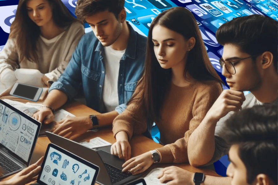 The five best AI apps for students in 2024. A diverse group of college students using AI apps to study around a table in a library. They are engaged with their laptops and tablets, discussing and analyzing the data displayed on their screens.