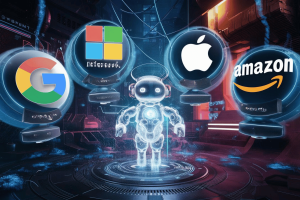  Google, Microsoft, Apple, and Amazon. The setting has a high-tech, cyberpunk aesthetic with a vibrant backdrop of an urban digital landscape.