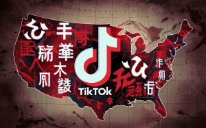 A map of the USA with a large TikTok logo over it. Chinese symbols emerge from the logo and spread across the map. Sinister in tone, 3d render, poster