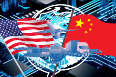 U.S. plans AI export controls amid China and Russia tech advances. The image depicts a montage symbolizing U.S. technological and trade measures against China, incorporating elements such as the U.S. and Chinese flags, digital circuitry, and modes of transport like planes, trucks, and trains. This illustrates the geopolitical tensions and strategic controls in the realms of technology and exports.