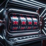 A sleek and modern digital slot machine with union jack flags on the reels