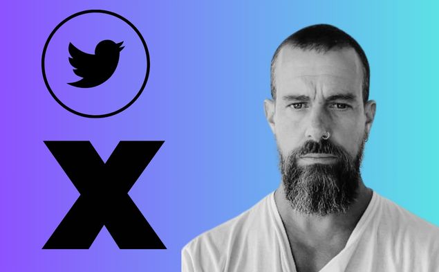 Black and white headshot of Twitter founder Jack Dorsey on a pastel blue background. The old Twitter logo and a large X are to his left.